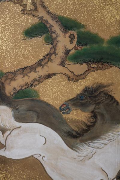 Pair of Japanese Six Panel Screens Japanese Riders in Pursuit of Wild Horses