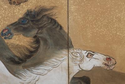 Pair of Japanese Six Panel Screens Japanese Riders in Pursuit of Wild Horses