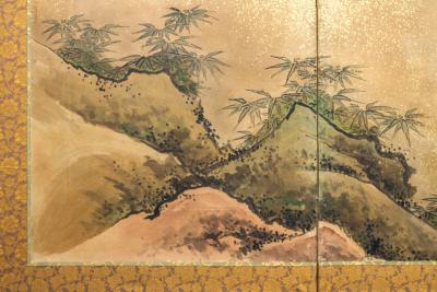 Pair of Japanese Six Panel Screens Japanese Riders in Pursuit of Wild Horses