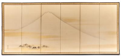 Pair of Japanese Six Panel Screens Mt Fuji and Countryside