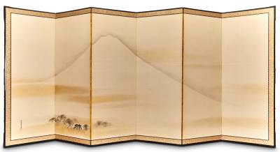 Pair of Japanese Six Panel Screens Mt Fuji and Countryside