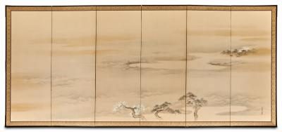 Pair of Japanese Six Panel Screens Mt Fuji and Countryside