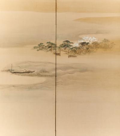 Pair of Japanese Six Panel Screens Mt Fuji and Countryside