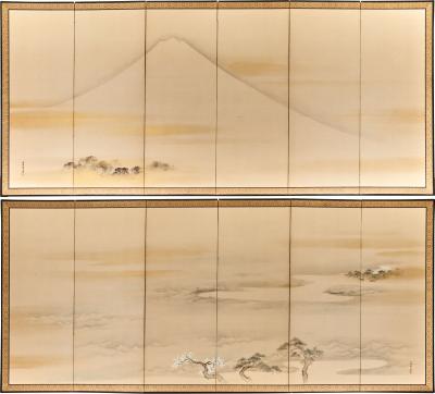 Pair of Japanese Six Panel Screens Mt Fuji and Countryside