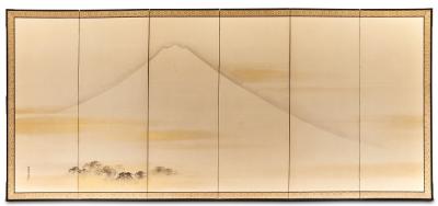 Pair of Japanese Six Panel Screens Mt Fuji and Countryside