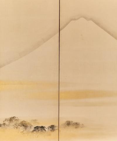 Pair of Japanese Six Panel Screens Mt Fuji and Countryside