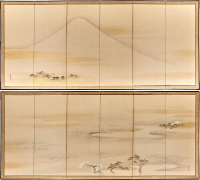 Pair of Japanese Six Panel Screens Mt Fuji and Countryside