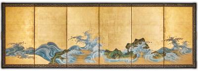 Pair of Japanese Six Panel Screens Rocky Coastal Seascape