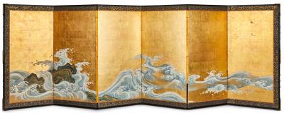 Pair of Japanese Six Panel Screens Rocky Coastal Seascape