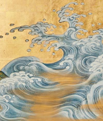 Pair of Japanese Six Panel Screens Rocky Coastal Seascape