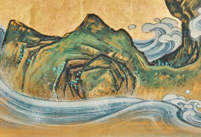 Pair of Japanese Six Panel Screens Rocky Coastal Seascape