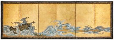 Pair of Japanese Six Panel Screens Rocky Coastal Seascape