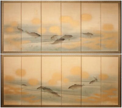 Pair of Japanese Six Panel Screens School of Swimming Carp