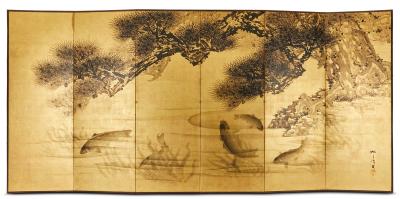Pair of Japanese Six Panel Screens Serene Pond Life