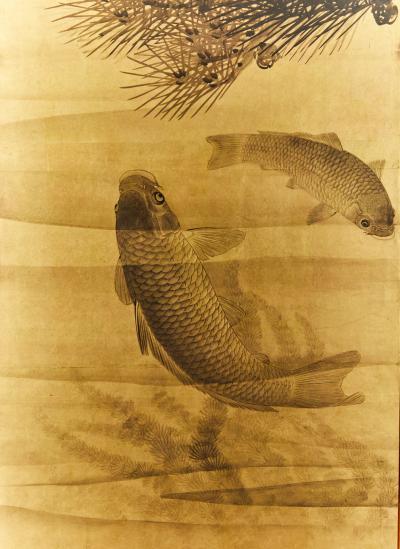 Pair of Japanese Six Panel Screens Serene Pond Life