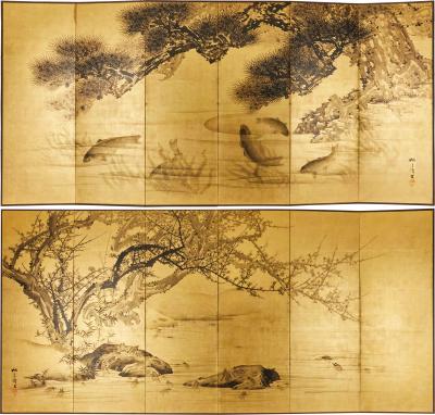 Pair of Japanese Six Panel Screens Serene Pond Life