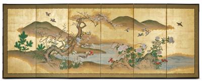 Pair of Japanese Six Panel Screens Spring into Summer Landscape