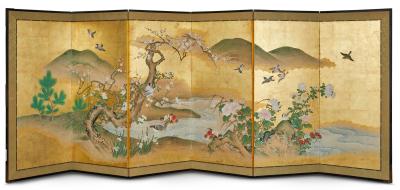 Pair of Japanese Six Panel Screens Spring into Summer Landscape