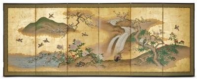 Pair of Japanese Six Panel Screens Spring into Summer Landscape
