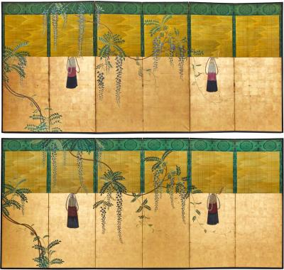 Pair of Japanese Six Panel Screens Sudare and Wisteria
