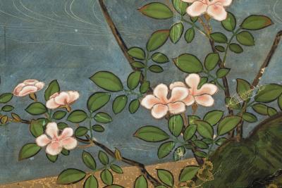 Pair of Japanese Six Panel Screens Venerable Pines with Naruko Clackers 