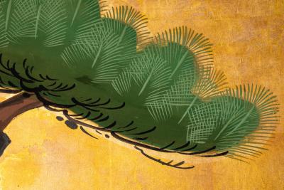 Pair of Japanese Six Panel Screens Venerable Pines with Naruko Clackers 