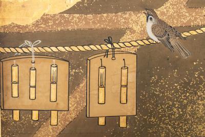 Pair of Japanese Six Panel Screens Venerable Pines with Naruko Clackers 