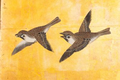 Pair of Japanese Six Panel Screens Venerable Pines with Naruko Clackers 