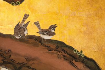 Pair of Japanese Six Panel Screens Venerable Pines with Naruko Clackers 