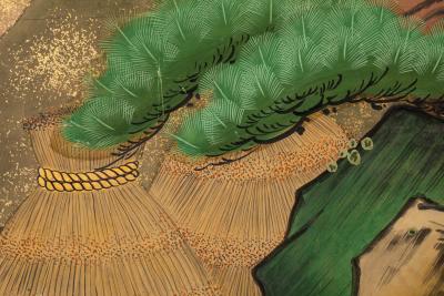 Pair of Japanese Six Panel Screens Venerable Pines with Naruko Clackers 