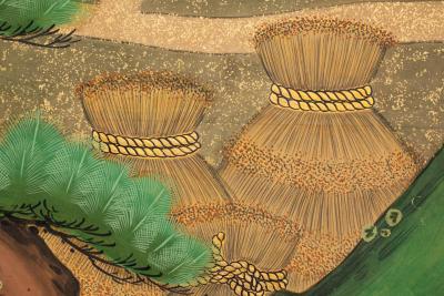 Pair of Japanese Six Panel Screens Venerable Pines with Naruko Clackers 