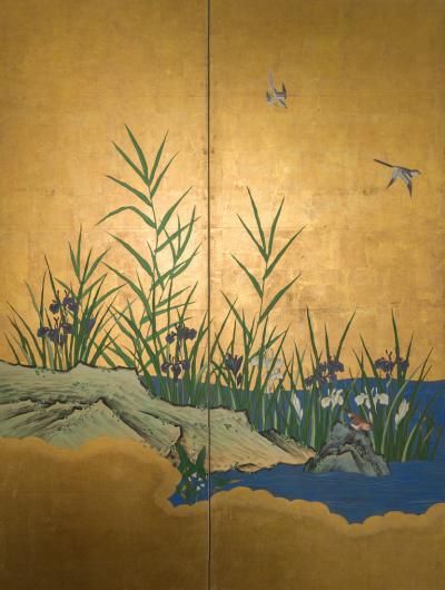 Pair of Japanese Six Panel Screens Winter Spring Summer and Fall