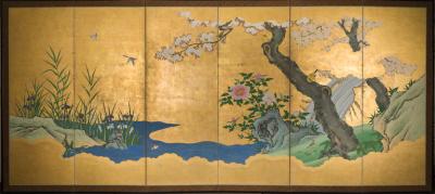 Pair of Japanese Six Panel Screens Winter Spring Summer and Fall