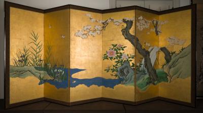 Pair of Japanese Six Panel Screens Winter Spring Summer and Fall