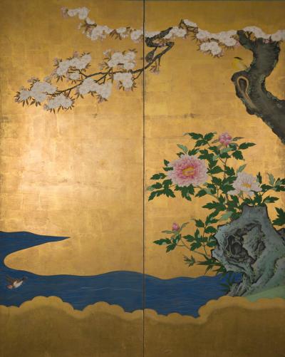 Pair of Japanese Six Panel Screens Winter Spring Summer and Fall