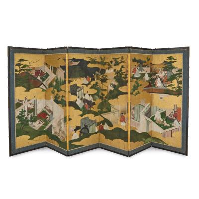 Pair of Japanese Six Panel Tale of Genji Screens