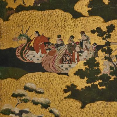 Pair of Japanese Six Panel Tale of Genji Screens