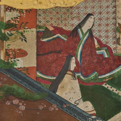 Pair of Japanese Six Panel Tale of Genji Screens