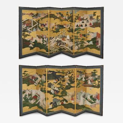 Pair of Japanese Six Panel Tale of Genji Screens