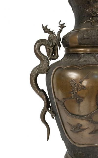 Pair of Japanese Style Bronze Palace Urns