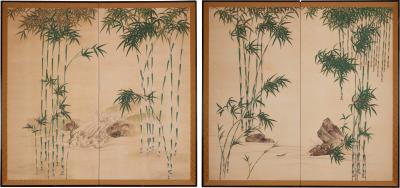 Pair of Japanese Two Panel Screens Bamboo Grove by Stream