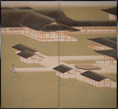 Pair of Japanese Two Panel Screens Itsukushima Shrine in Miyajima