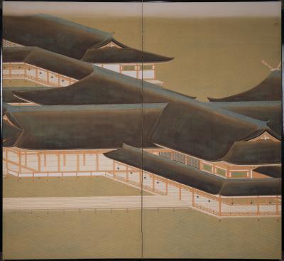 Pair of Japanese Two Panel Screens Itsukushima Shrine in Miyajima