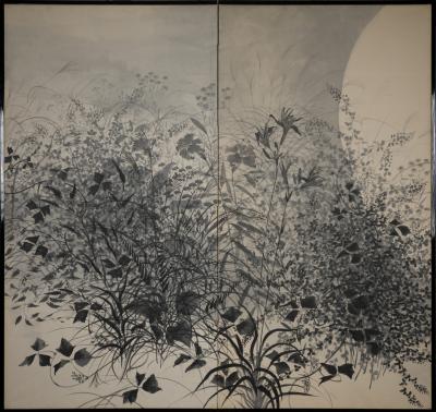 Pair of Japanese Two Panel Screens Moon Rising Through Autumn Grasses