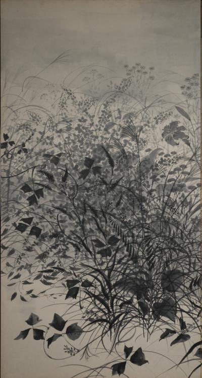 Pair of Japanese Two Panel Screens Moon Rising Through Autumn Grasses