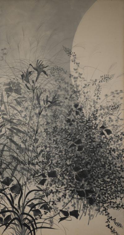 Pair of Japanese Two Panel Screens Moon Rising Through Autumn Grasses