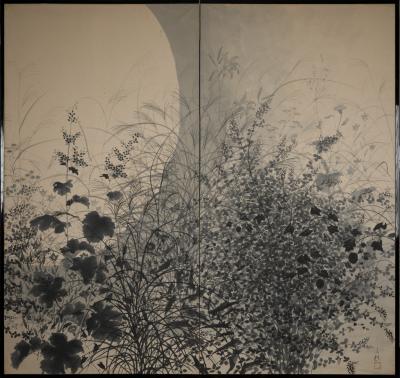 Pair of Japanese Two Panel Screens Moon Rising Through Autumn Grasses