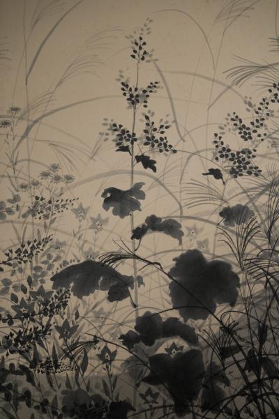 Pair of Japanese Two Panel Screens Moon Rising Through Autumn Grasses