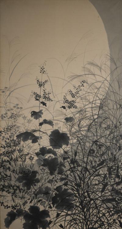 Pair of Japanese Two Panel Screens Moon Rising Through Autumn Grasses