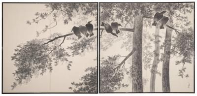 Pair of Japanese Two Panel Screens Murder of Crows